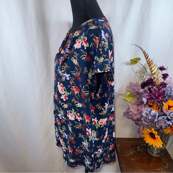Philosophy Navy Floral Split Neck Short Sleeve Blouse Size L - Picture 2 of 8